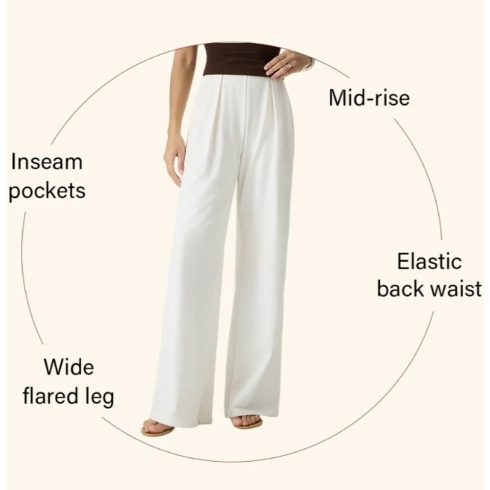 NWT OGL Airy Stretch Linen Wide Flare Pants M/P White Pleated High Waist Pockets - Picture 5 of 11